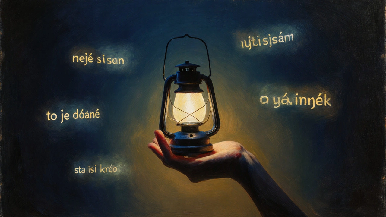 Ruka drží zářící lampion v tmavé místnosti, kolem něj plavou slova o naději a podpoře.