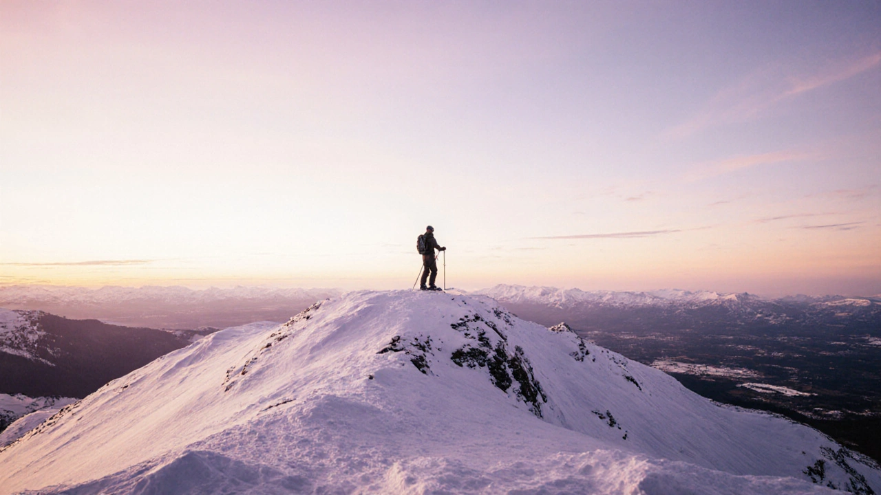 Samotný lyžař na špičce Śnieżka s výhledem na Česko a Polsko při západu slunce.
