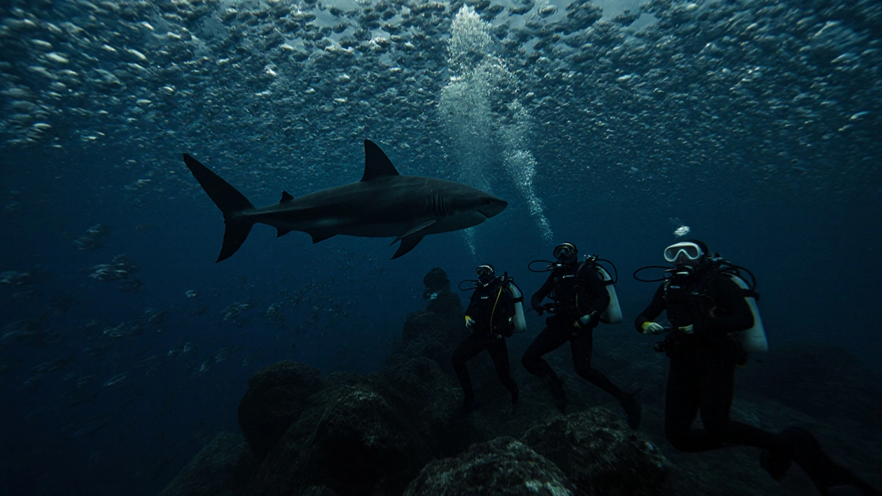 Skupina potápěčů zůstává nehybná ve špatném osvětlení, kolem nich plavou ryby a žralok.
