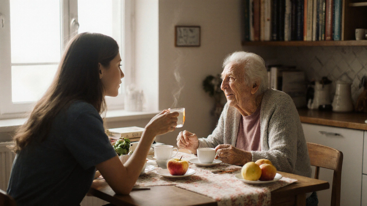 Starší osoba se baví s přítelem za šálkem čaje v kuchyni.