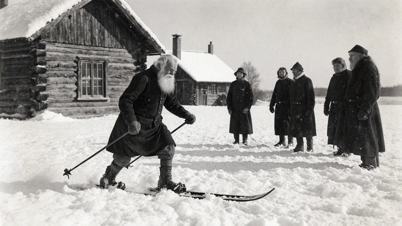 Starý pastýř klouže po sněhu s prvními lyžemi, ostatní ho pozorují u chalupy.