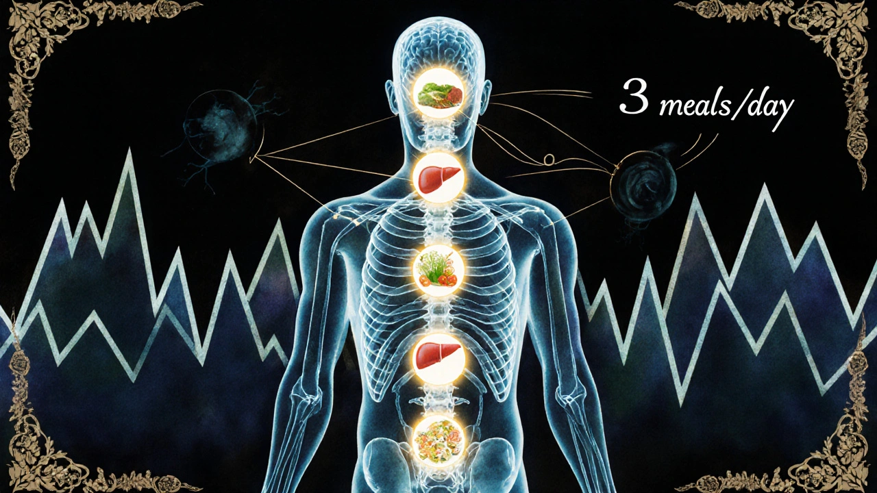 Stylizovaný nákres těla s proudy energie spojujícími pět pravidelných jídel k mozku a svalům.