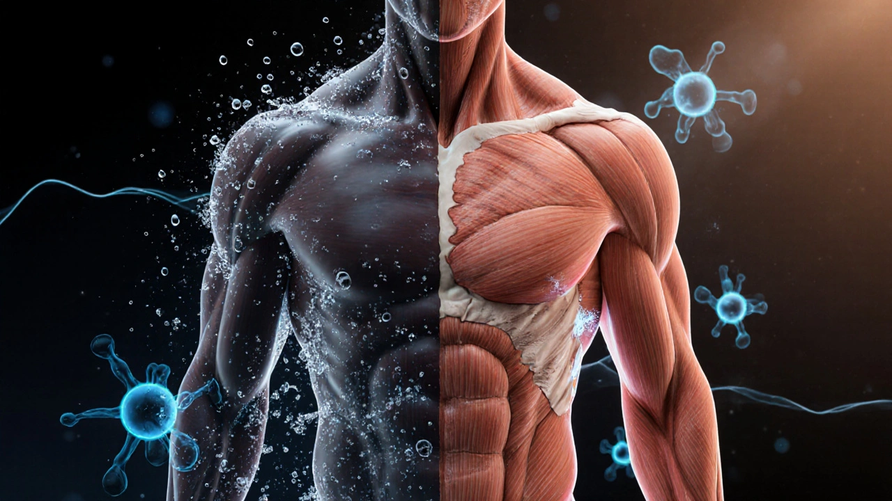 Tělo v přechodu: tuk se mění v svaly, voda je symbolizována modrými kapičkami.