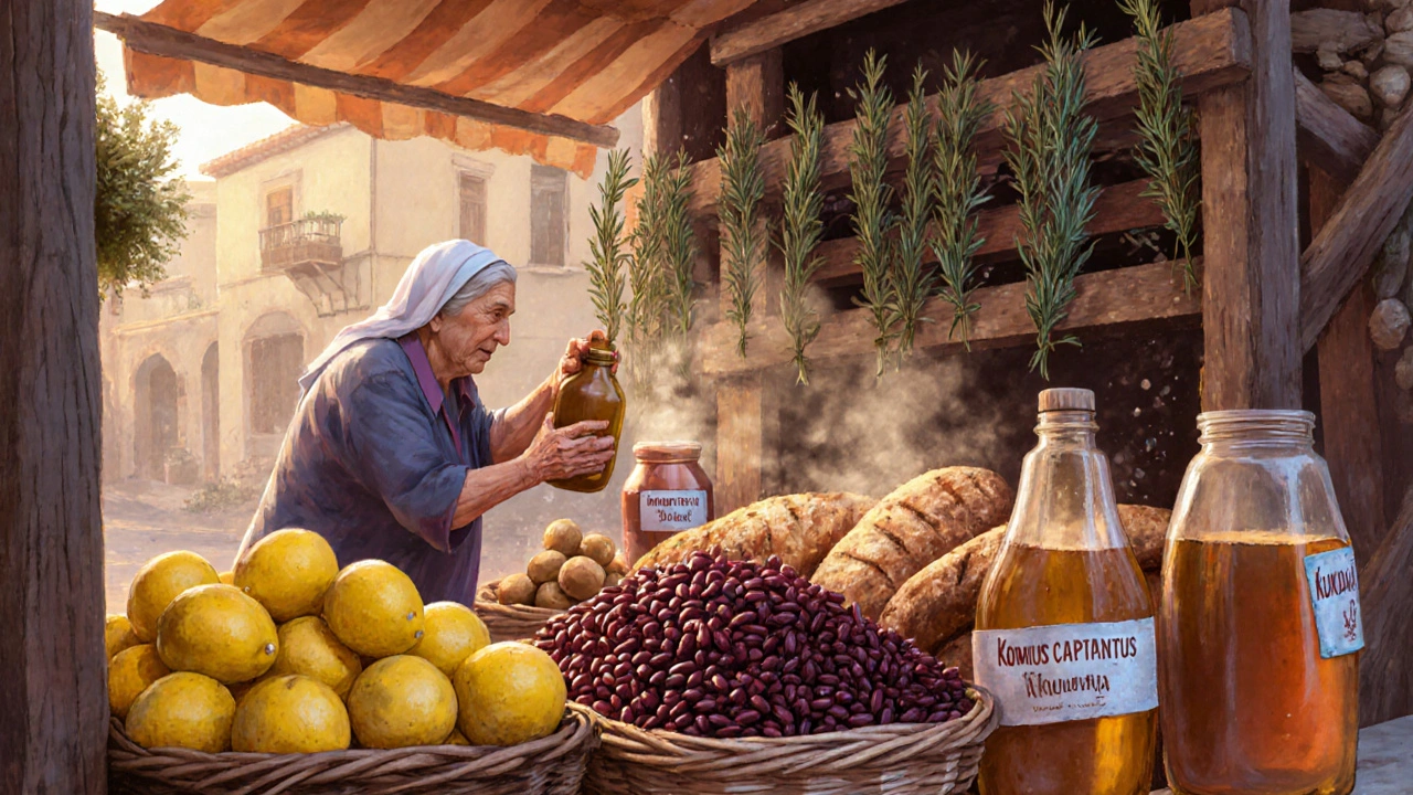 Tradiční kyprský trh s citróny, medem, fazolemi a pečeným chlebem.