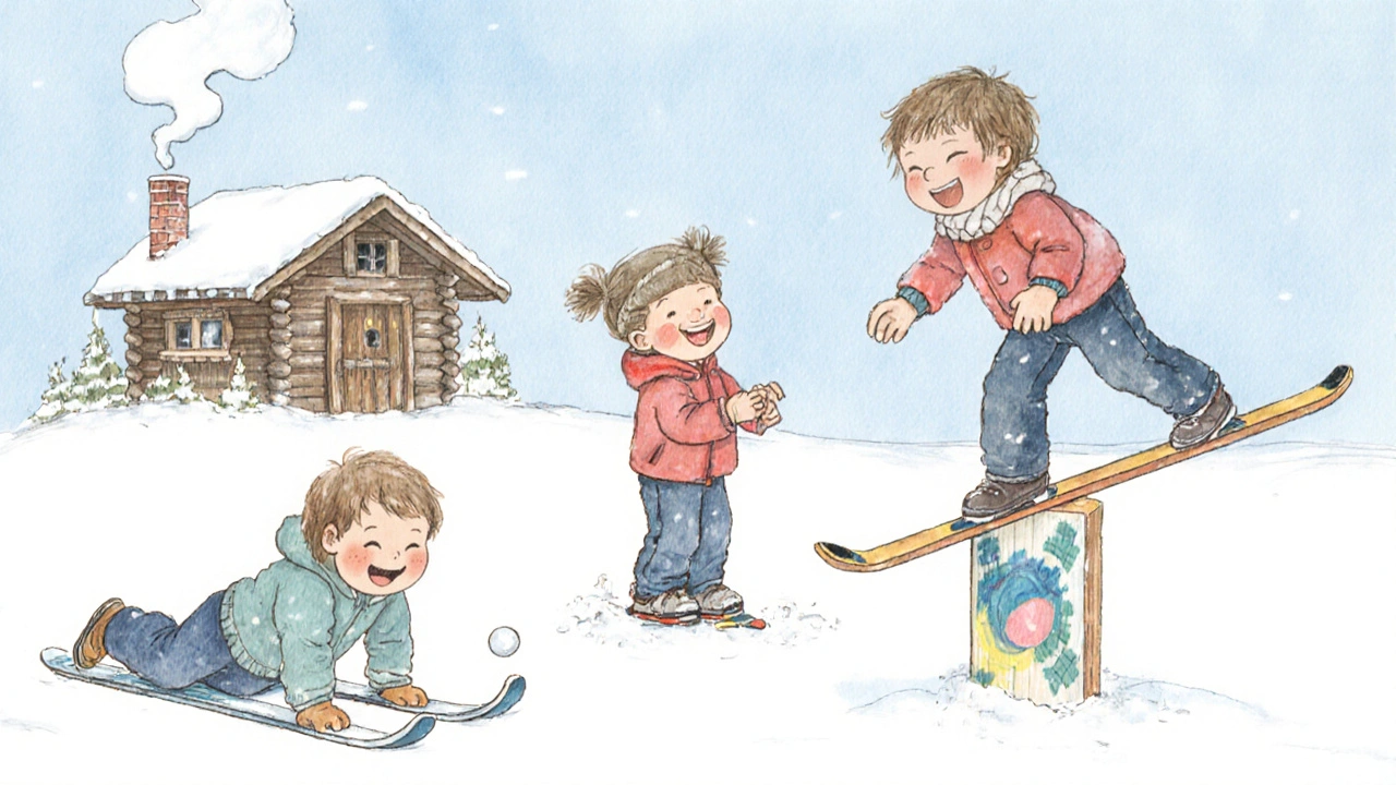 Tři malé děti hrají na sněhu: jedna klouže, druhá háže sněhovou kouli, třetí se rovnováží na trámu.