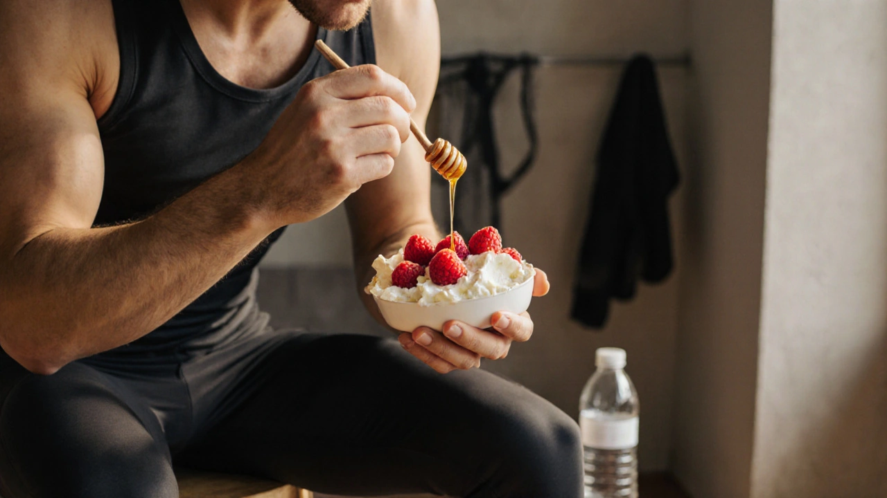 Tvaroh s malinami a medem po tréninku, v pozadí sportovní vybavení.