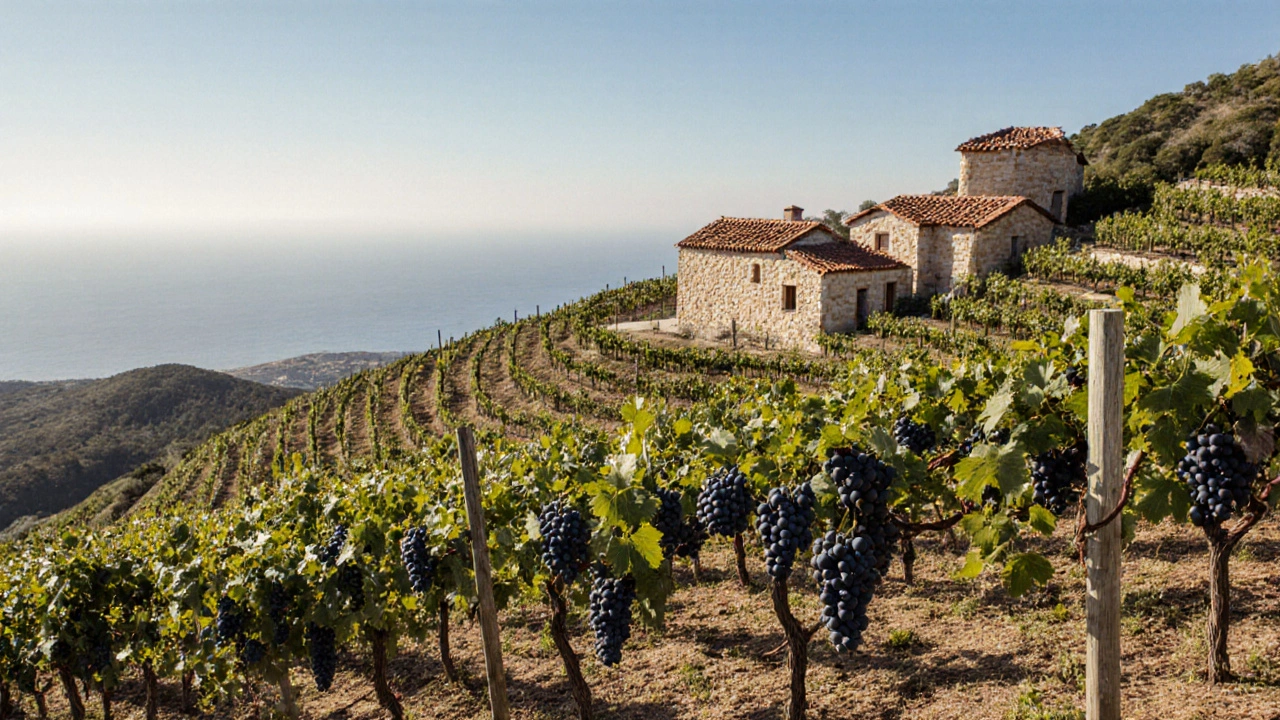 Vinné hřebeny na kyprských horách s hroznovými révami a kamenitým terénem.