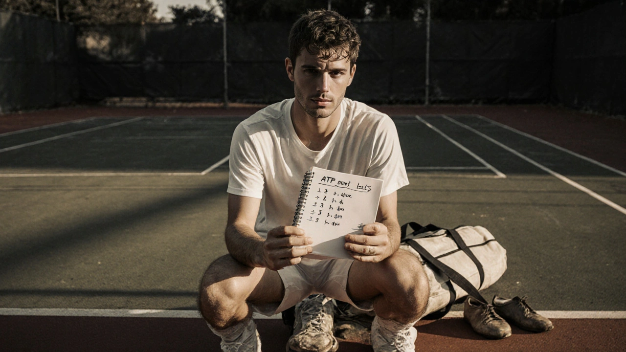 Young tennis player studying ATP point calculations at a modest outdoor court.