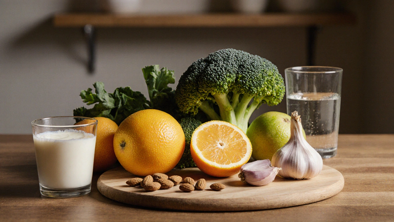 Zdravá jídla – citrusy, česnek, jogurt a ořechy – na dřevěné tabuli.