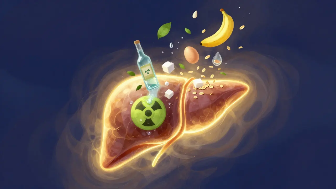 Abstraktní obraz játra, které přijímá zdravé prvky a odstraňuje toxiny ve formě vody a listů.