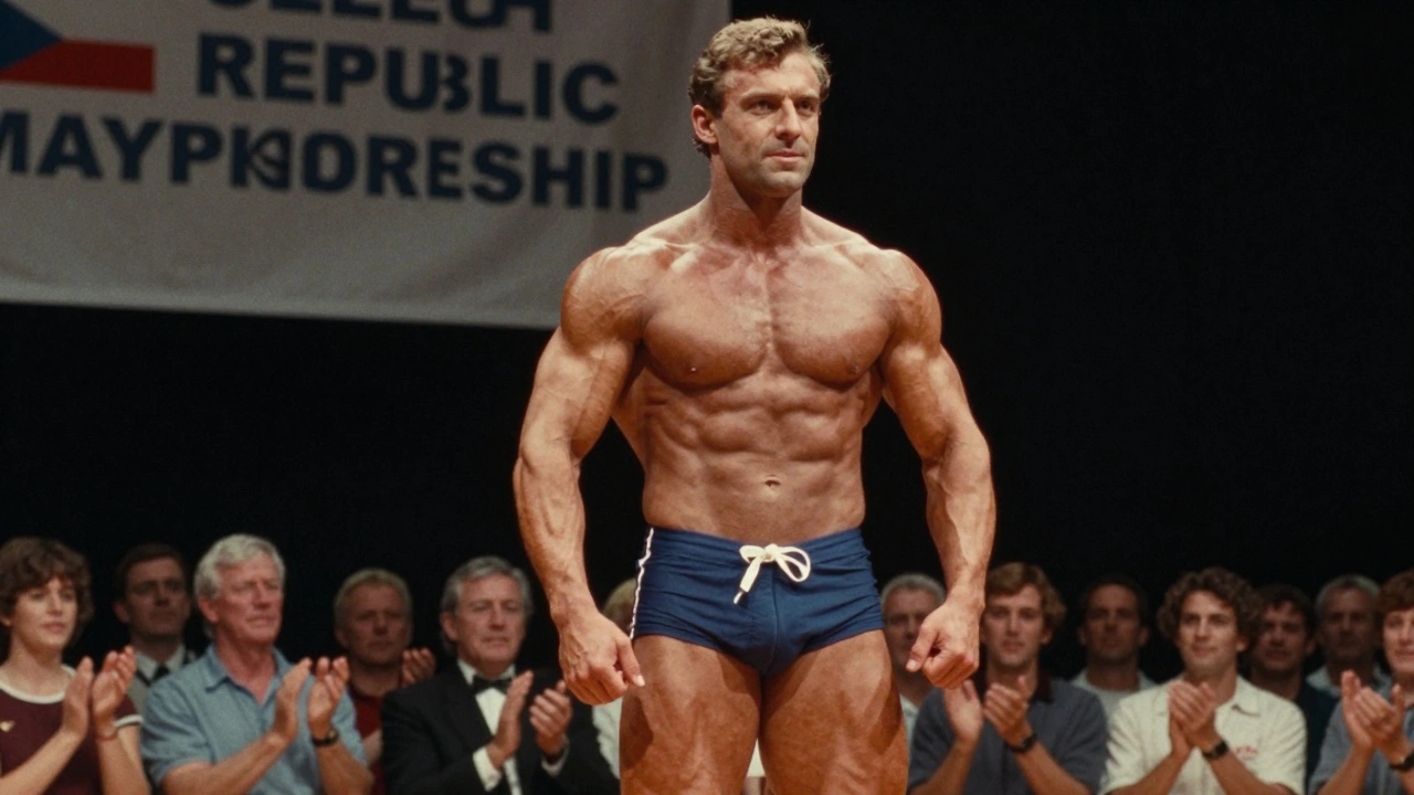 Aleš Lamka na mistrovství České republiky v kulturistice v roce 1995, jen s board shorts a definovaným tělem.