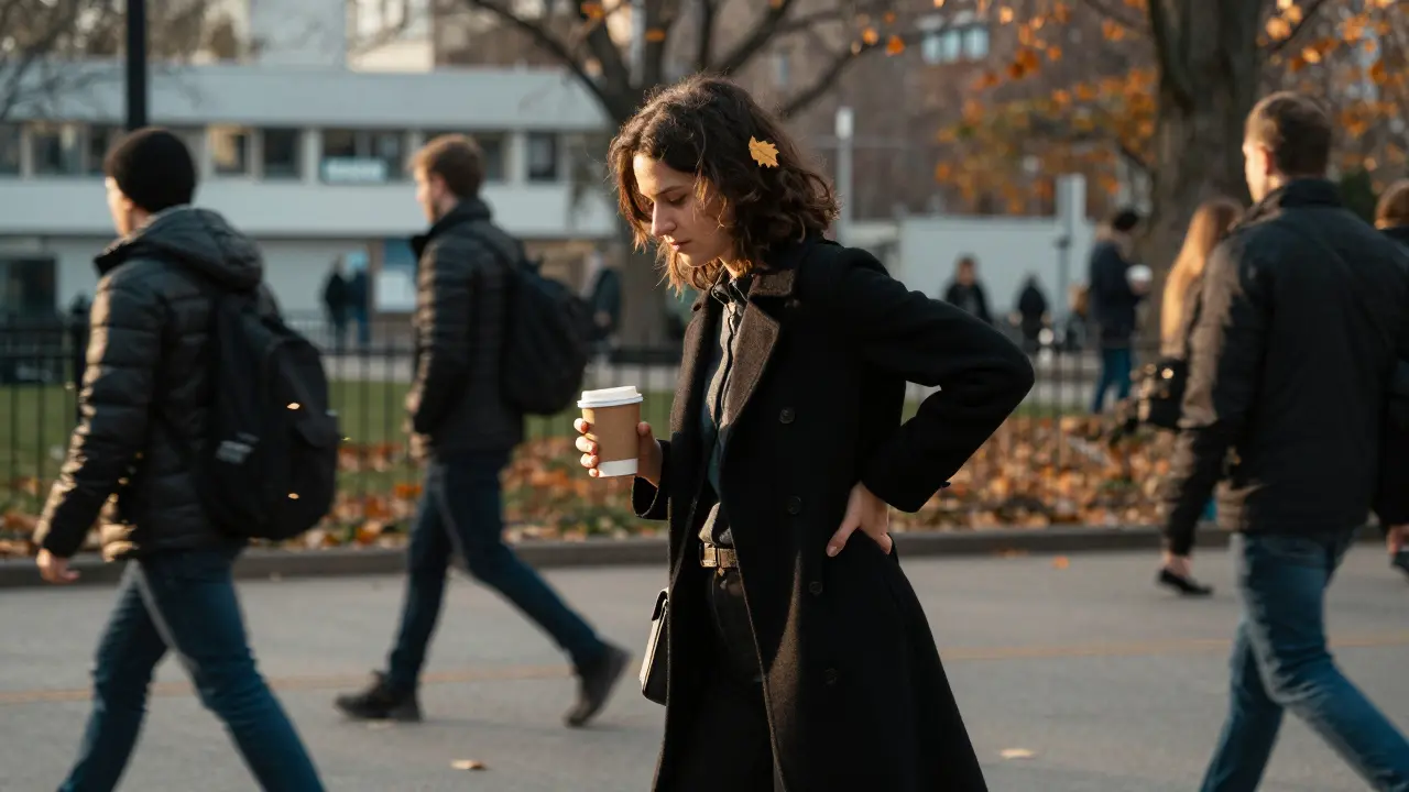 Člověk prochází parkem s příznaky únavy, kolem něj se honí lidé, zářivé odpoledne.