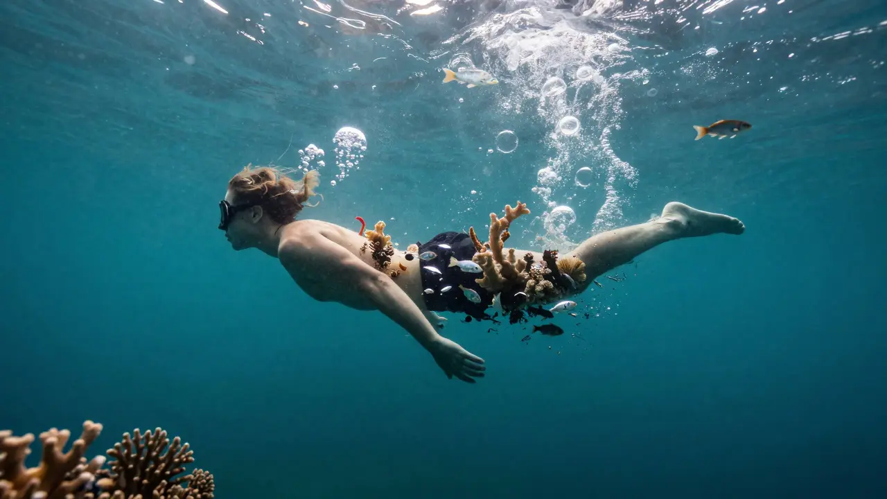 Člověk se slévá s vodou a rybami, symbolizující spojení s podvodním světem.