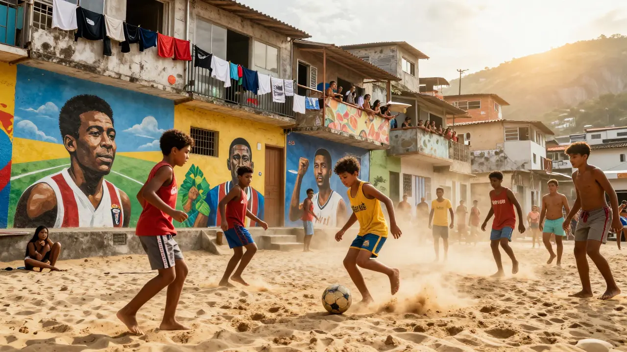 Děti hrají fotbal na ulici v Rio de Janeiru, bez bot, na písku, s barvitými freskami na zdech.