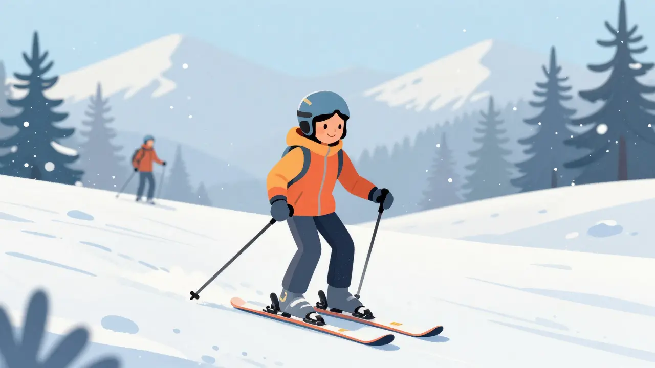 Dítě lyžuje na sněhu s lyžemi až po bradu, rodič ho pozoruje.