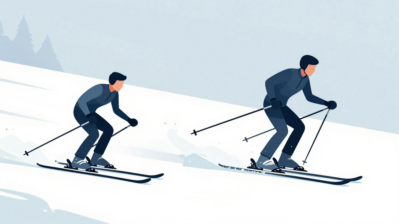 Dva lyžaři: jeden v klasickém stylu s kratšími hůlkami, druhý ve volném stylu s delšími hůlkami.