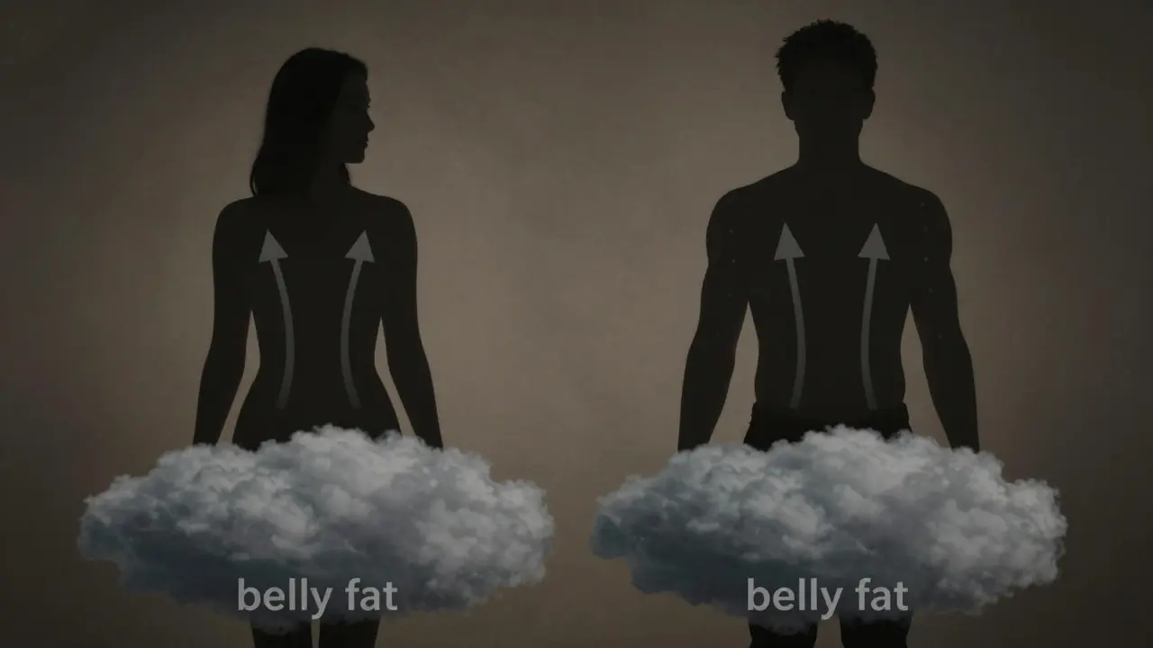 Dva siluety muže a ženy s šipkami ukazujícími různé cesty spalování tuku podle pohlaví.
