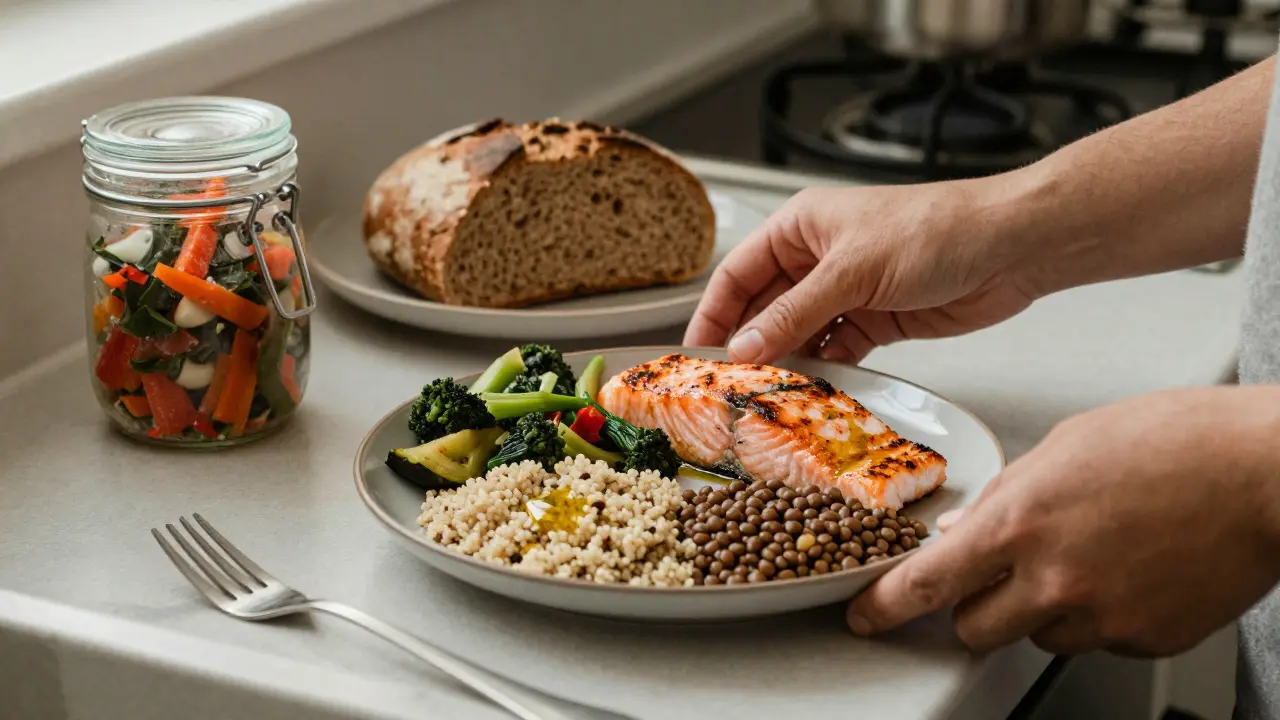 Grilovaná ryba s čočkou a celozrnnou rýží na talíři, s olivovým olejem a zeleninou v české kuchyni.