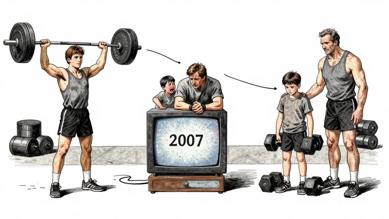 Ilustrace ukazující Aleše Lamku ve třech etapách života: mladý, ve středním věku a starší, spojené jednou činkou.