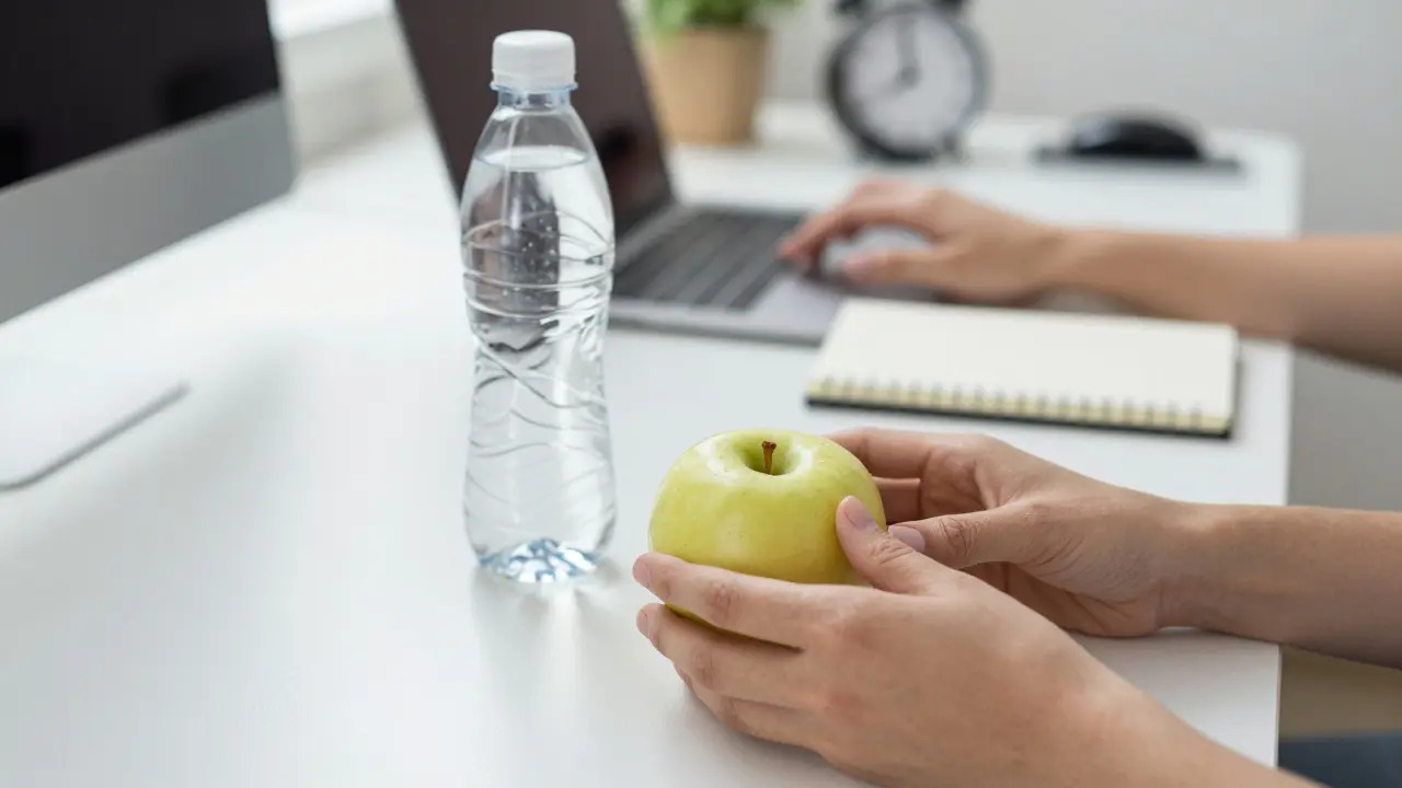 Jedno jablko položeno na stůl vedle prázdné lahve limonády, sklenice vody v pozadí.