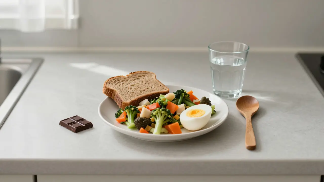 Jednoduchý jídelníček s vařenou zeleninou, celozrnným chlebem, vejcem a kouskem černé čokolády na kuchyňském stole.