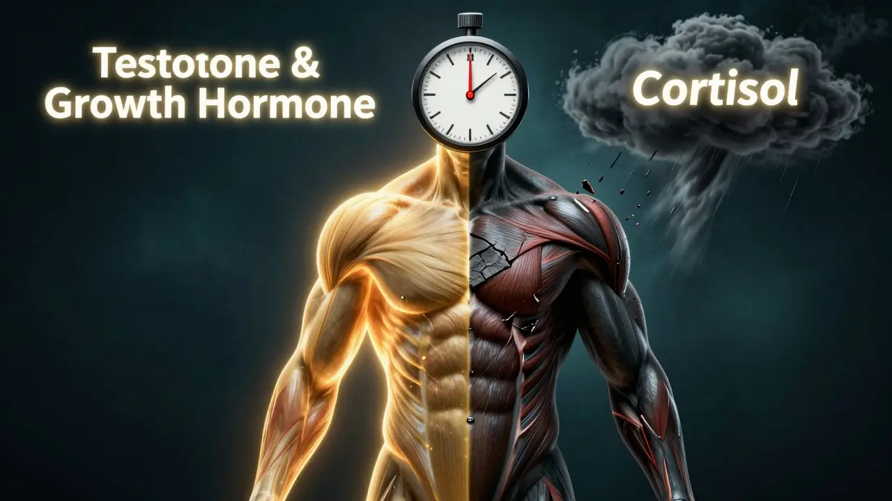 Koncepční obrázek těla s růstem svalů na jedné straně a rozkladem svalů na druhé pod vlivem kortizolu.