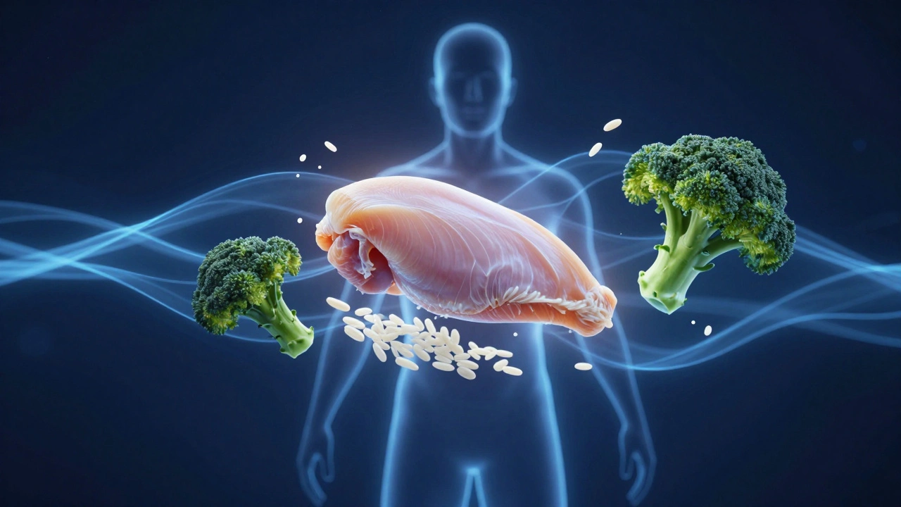 Koncepční obrázek těla v obnově s symboly jídla kolem něj v nočním prostředí.