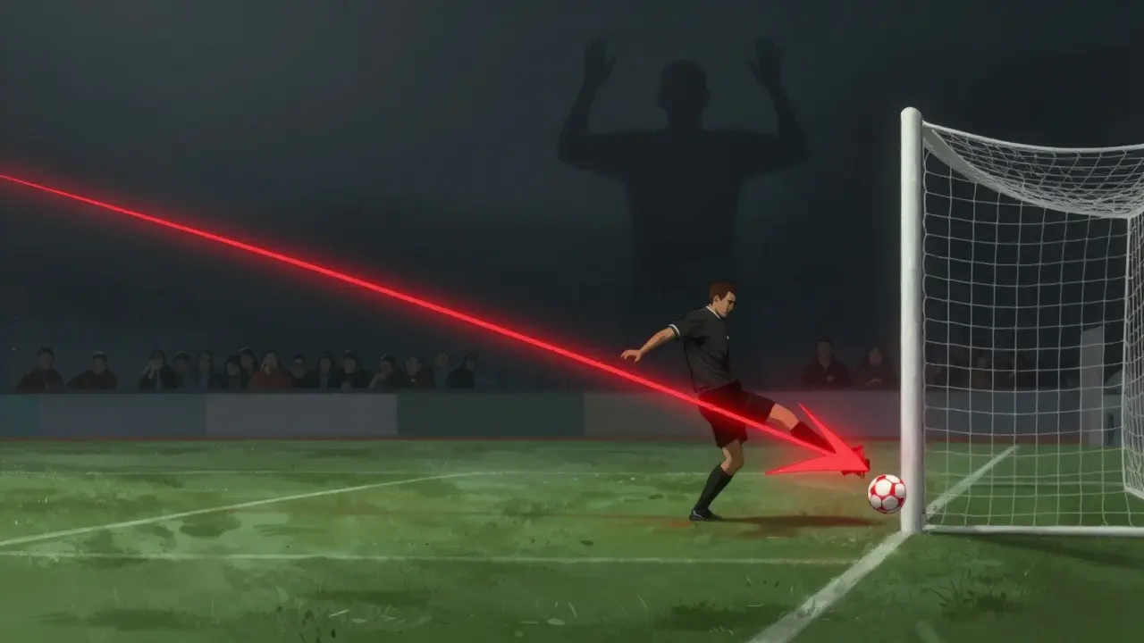 Kreslená představa cesty míče při nepřímém volném kopu s dvěma dotyky před gólem.