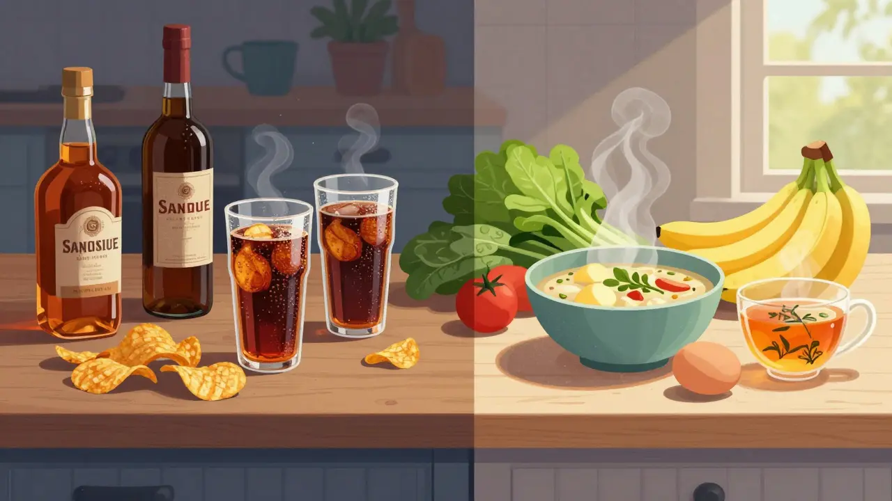 Kuchyňský counter s kontrastem mezi škodlivými a zdravými potravinami při dnu.