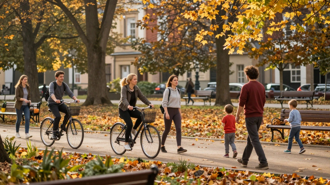 Lidé se pohybují v českém parku během podzimu