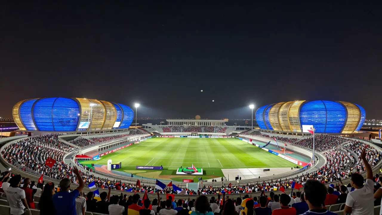 Lusail Stadium v Kataru v noci, 80 000 diváků stojí jako jedno tělo, míč ve vzduchu pod hvězdami.