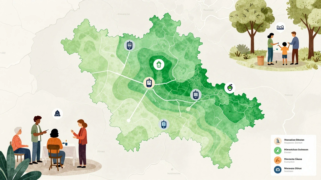 Mapa regionu s označenými rizikovými oblastmi a zdravotníky, kteří pomáhají lidem na trzích.