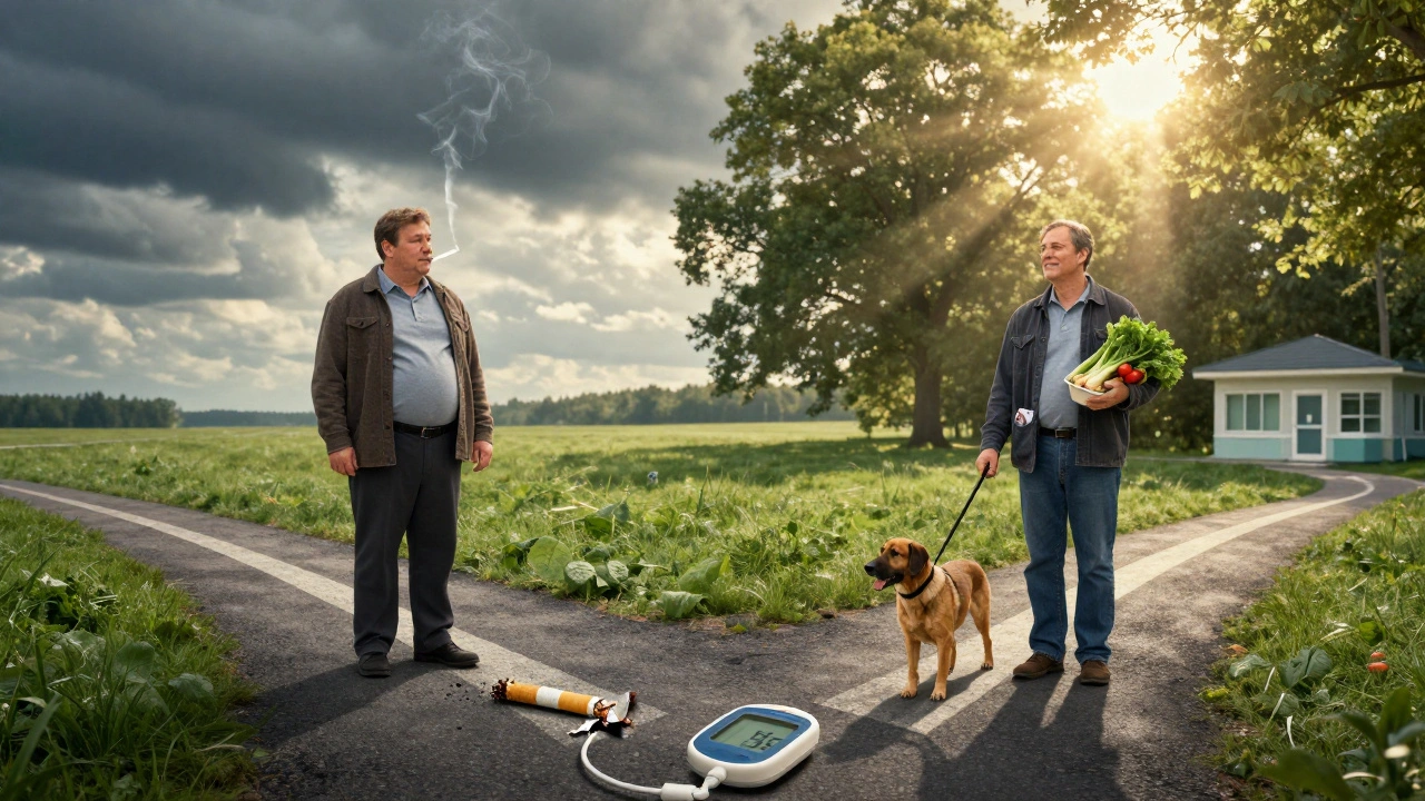 Muž na rozcestí: jedna cesta k nemoci, druhá ke zdraví s čerstvou zeleninou a sluncem.