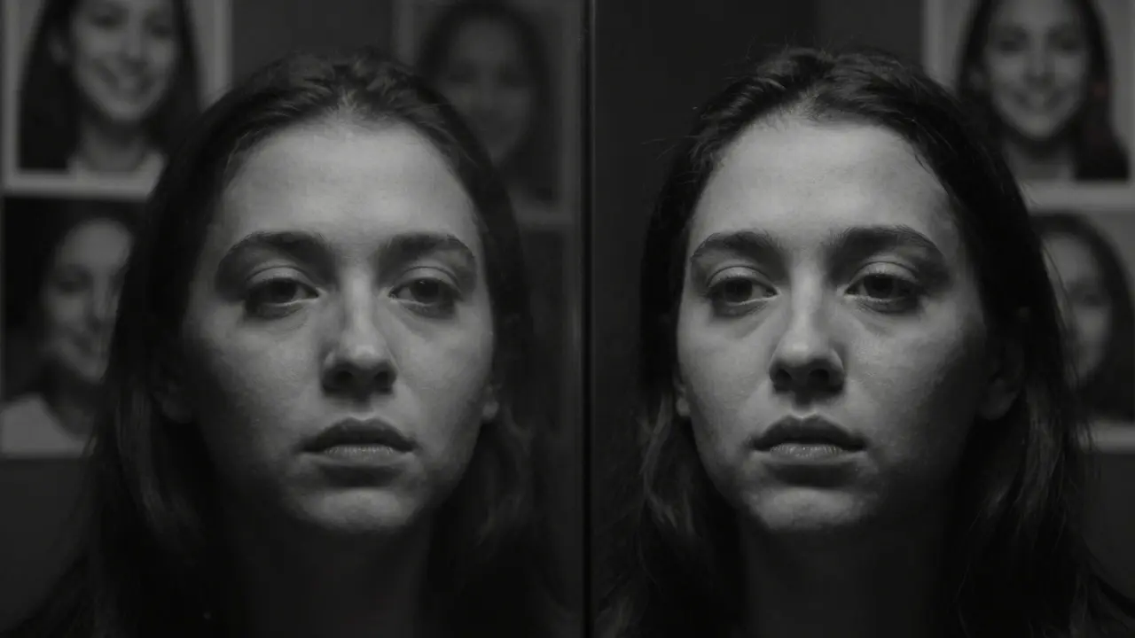 Oči v zrcadle, prázdné a bez výrazu, za nimi stínem zanikající smějící se tváře.