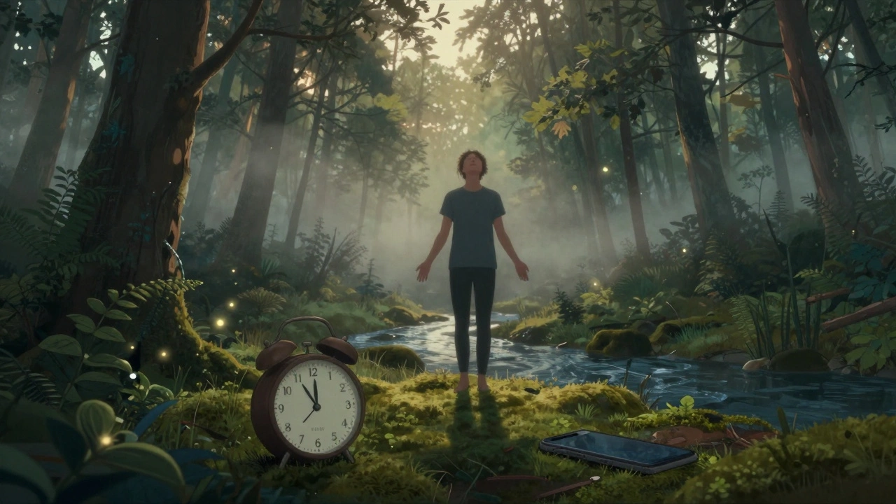 Osoba dýchá v lese na ranním světle, telefon leží v trávě, okolo ní je mlha a voda.