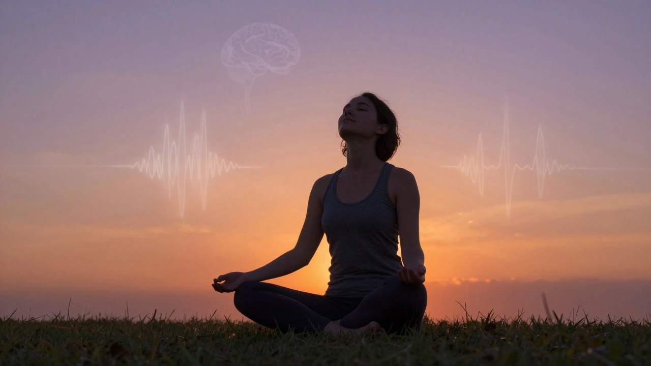 Osoba sedí na trávě na západu slunce, oči zavřené, tvář obrácená k obloze, kolem ní jemné světelné vlny.