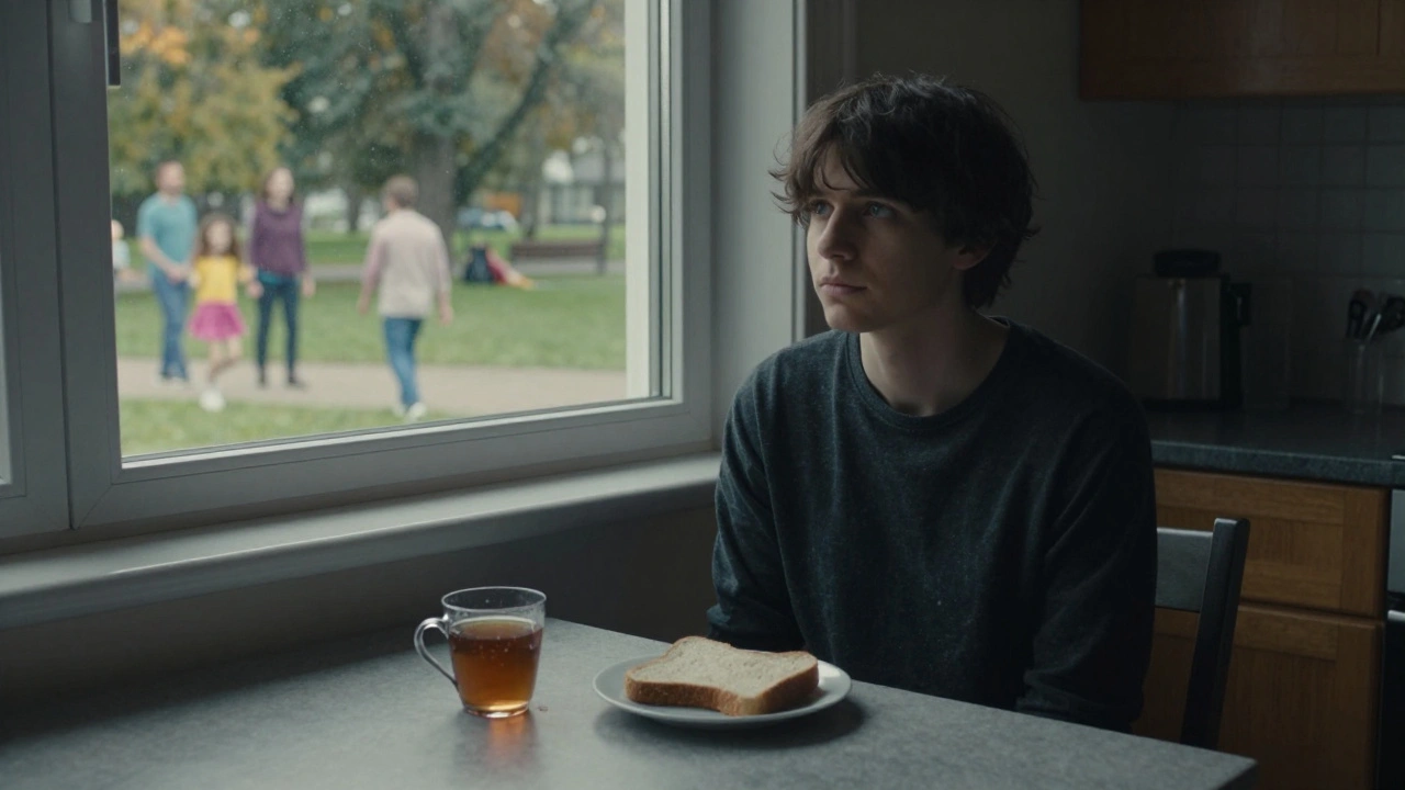 Osoba sedí u kuchyňského stolu, ztracená v pohledu, zatímco venku lidé žijí svůj život.