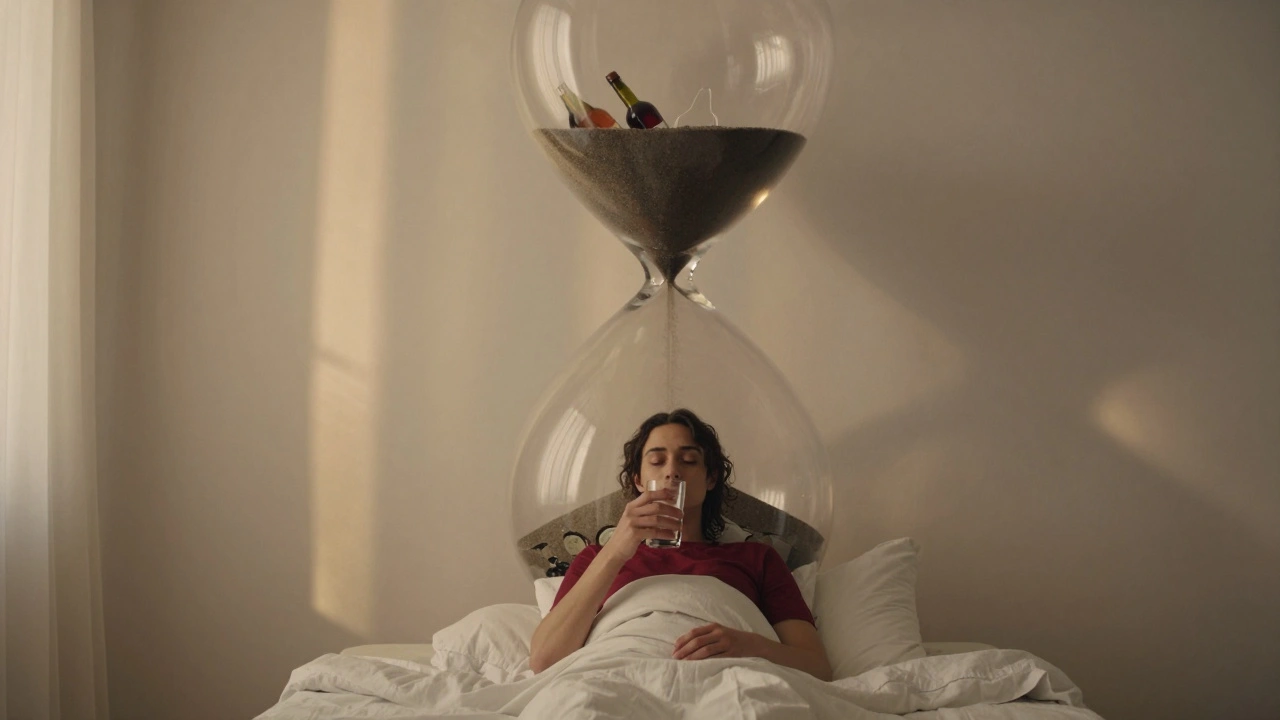 Osoba sedí v posteli ráno s sklenicí vody, za ní převrácená přesná hodina s láhvičkami vína a rozbitými symboly spánku.