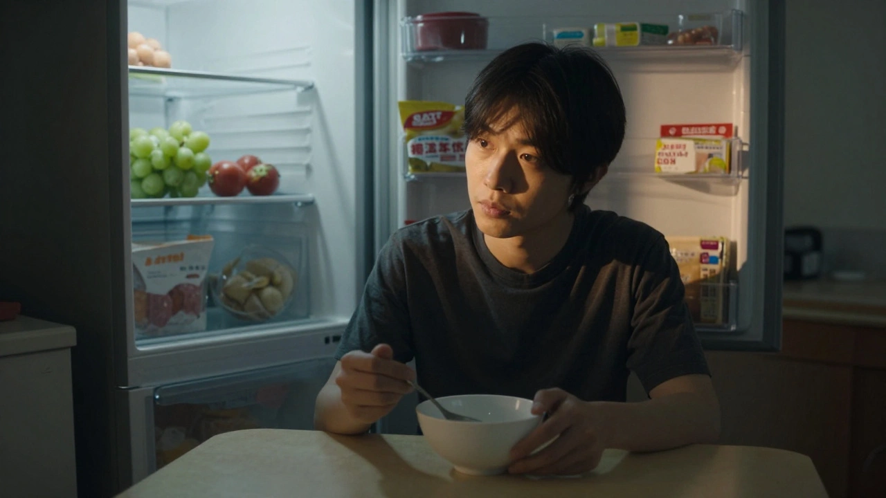 Osoba zamyšleně zírá na prázdný talíř, za ní lednička plná nevyužitých balíčků.