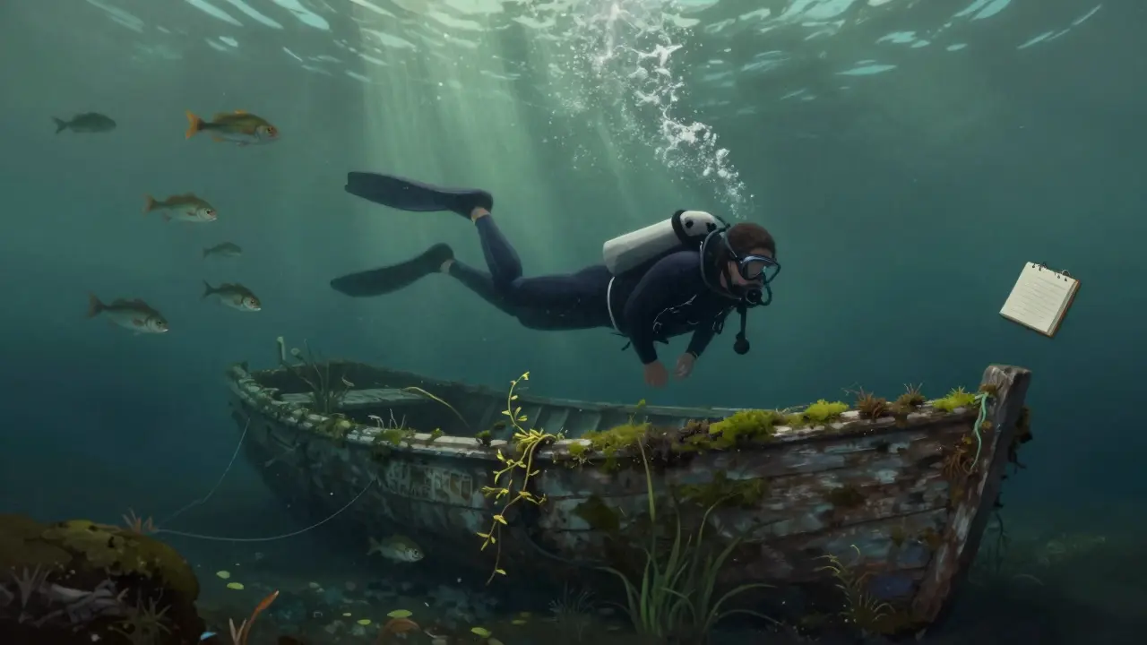 Potápěč u zaniklé lodi pokryté řasami v klidném jezeře.