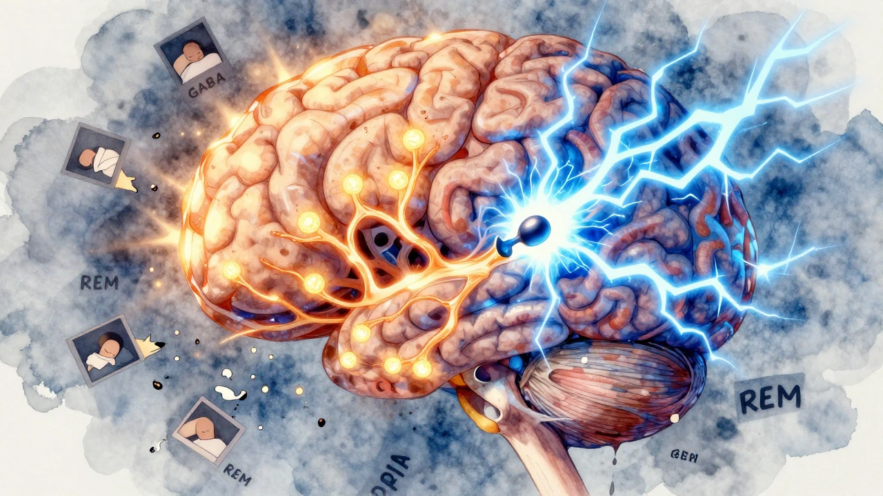 Přehled lidského mozku s protichůdnými systémy GABA a glutamátu, symbolizujícími narušení spánku po alkoholu.
