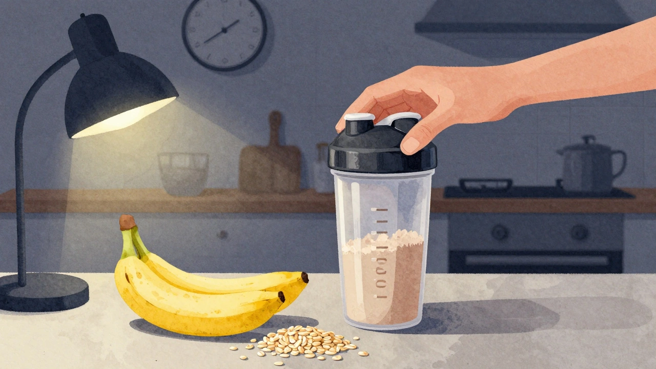 Příprava proteínového koktejlu s banánem a ovesnými vločkami večer v kuchyni.