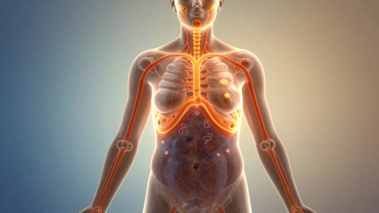 Průhledný náčrt těla s cestami spalování tuku od obličeje k zádu, zatímco břicho zůstává nezměněno.