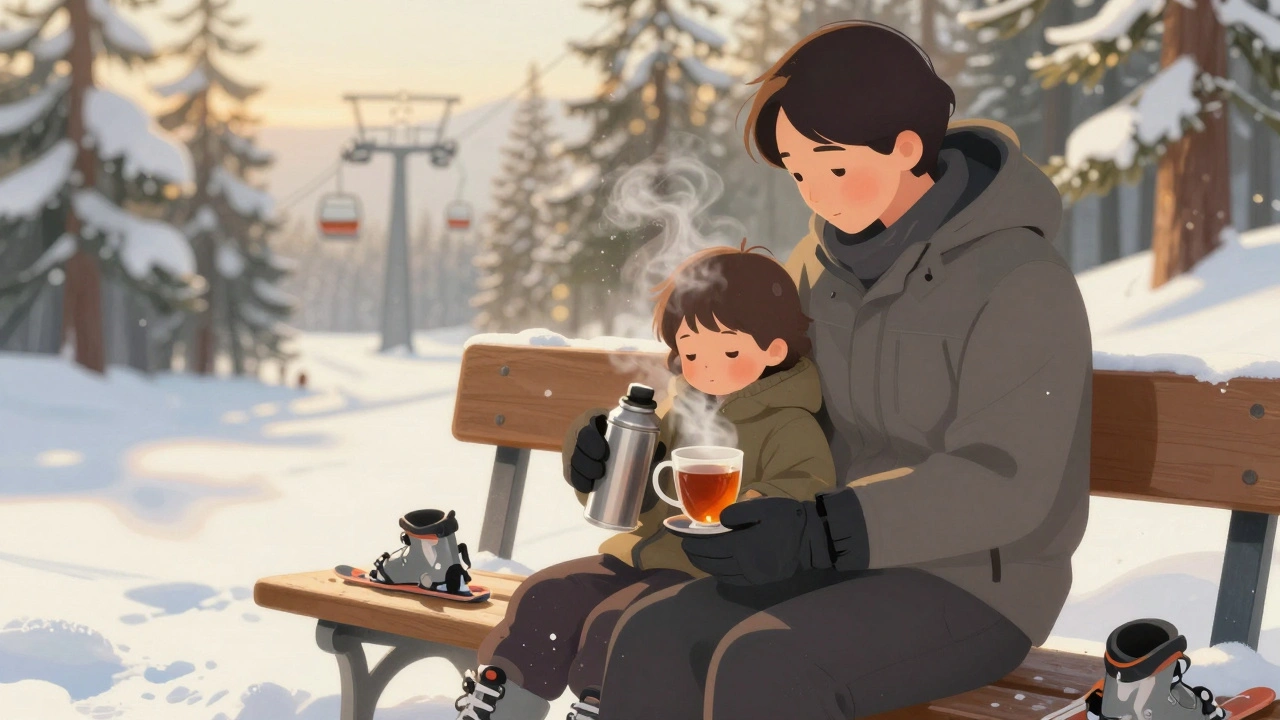 Rodič a dítě sedí na lavici po jízdě, pijí teplý čaj, sníh kolem.