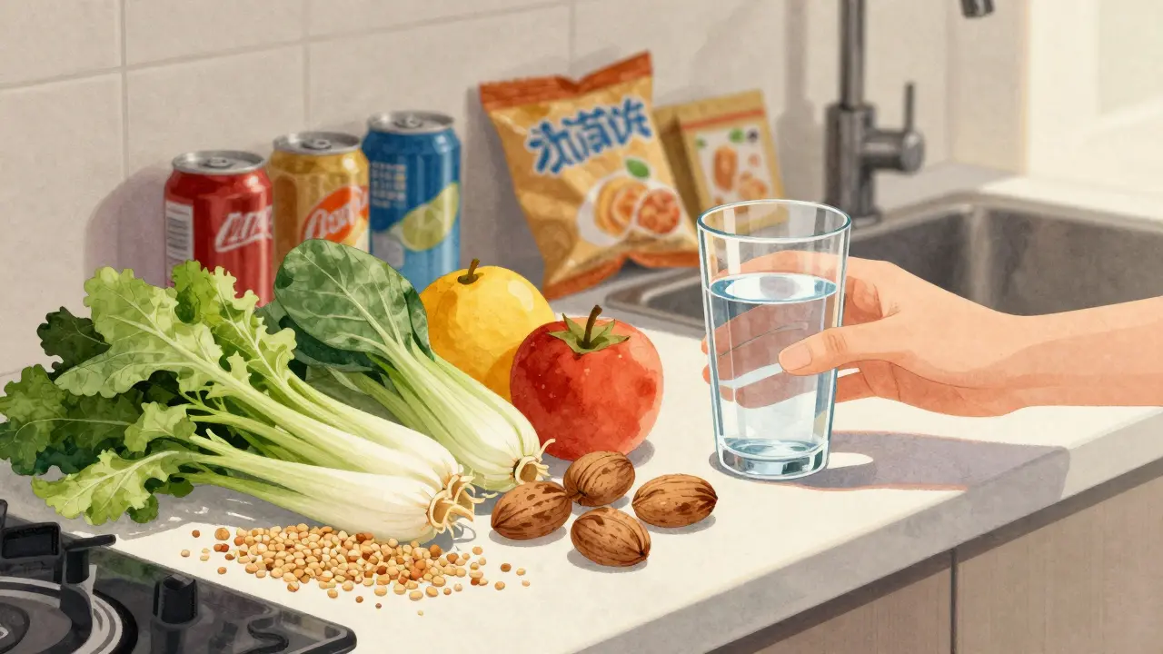 Ruce drží sklenici vody vedle čerstvých potravin, zpracované potraviny jsou v pozadí ve stínu.