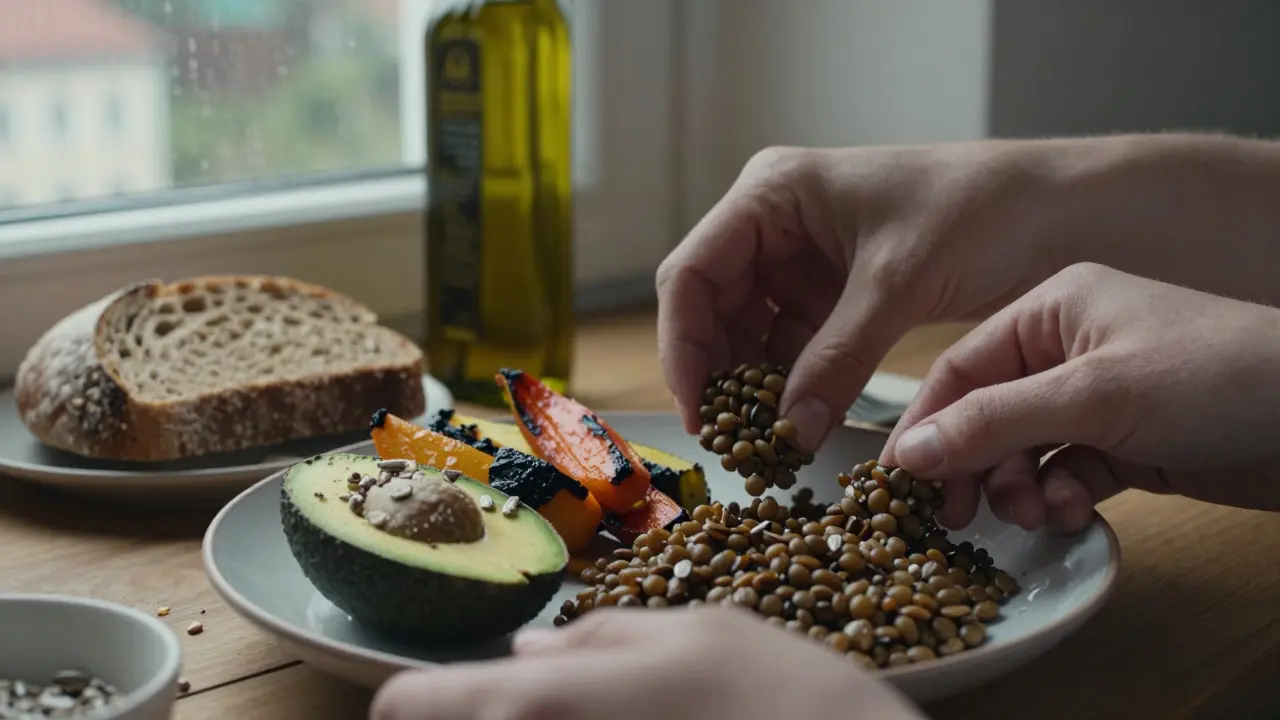 Ruce klade na talíř vařené luskoviny a zeleninu, na pozadí celozrnný chléb a olivový olej.