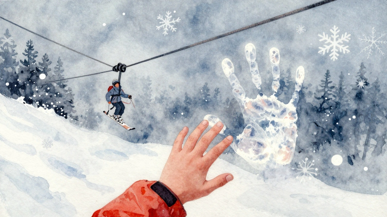Ruka dítěte se dotýká vleku, za ní průhledná ruka rodiče jako symbol podpory.