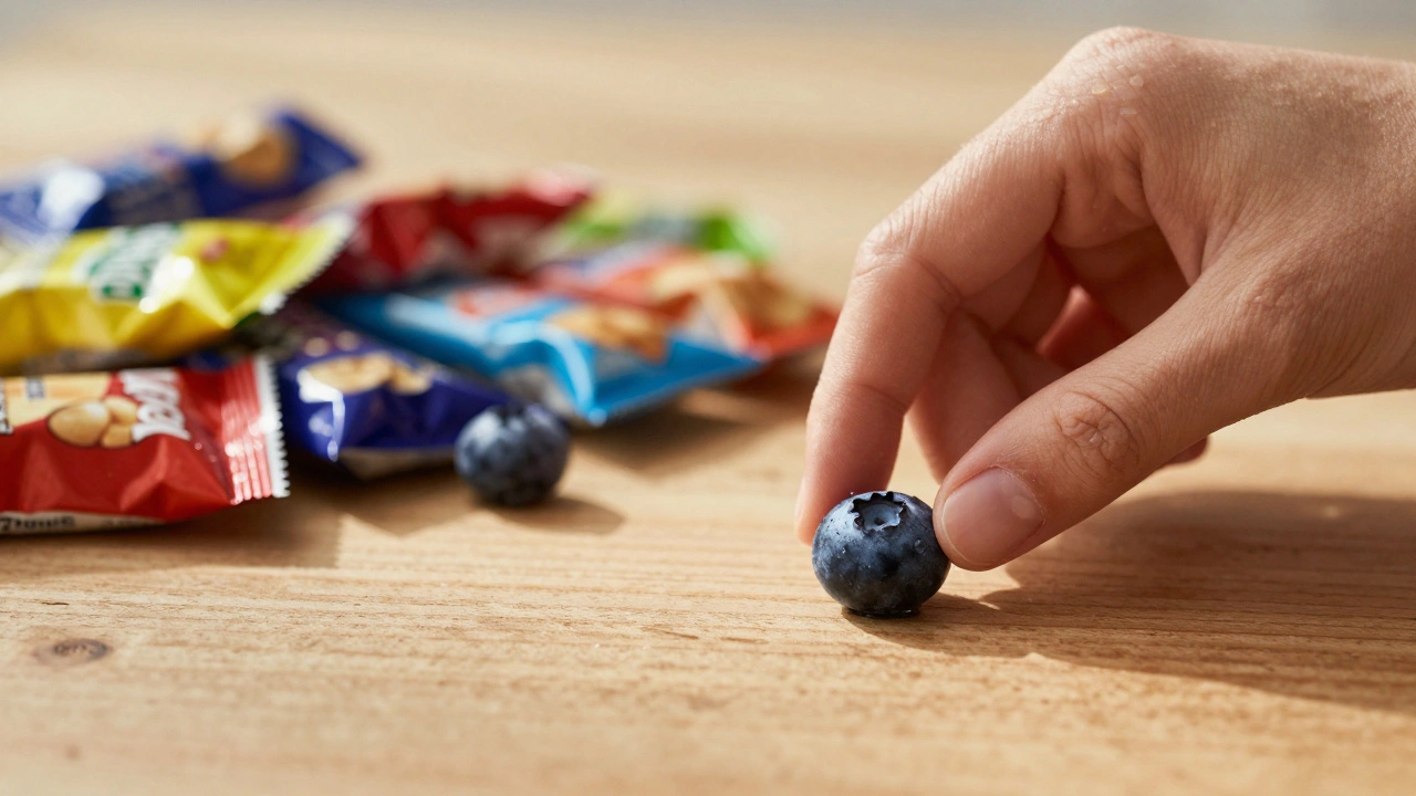 Ruka klade jedinou borůvku na dřevěný povrch, za ní rozházené balení zdravých svačin.