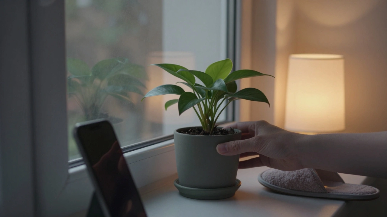Ruka klade jednu rostlinu na okno, ve stínu je vypnutý telefon a zhasíná světlo.