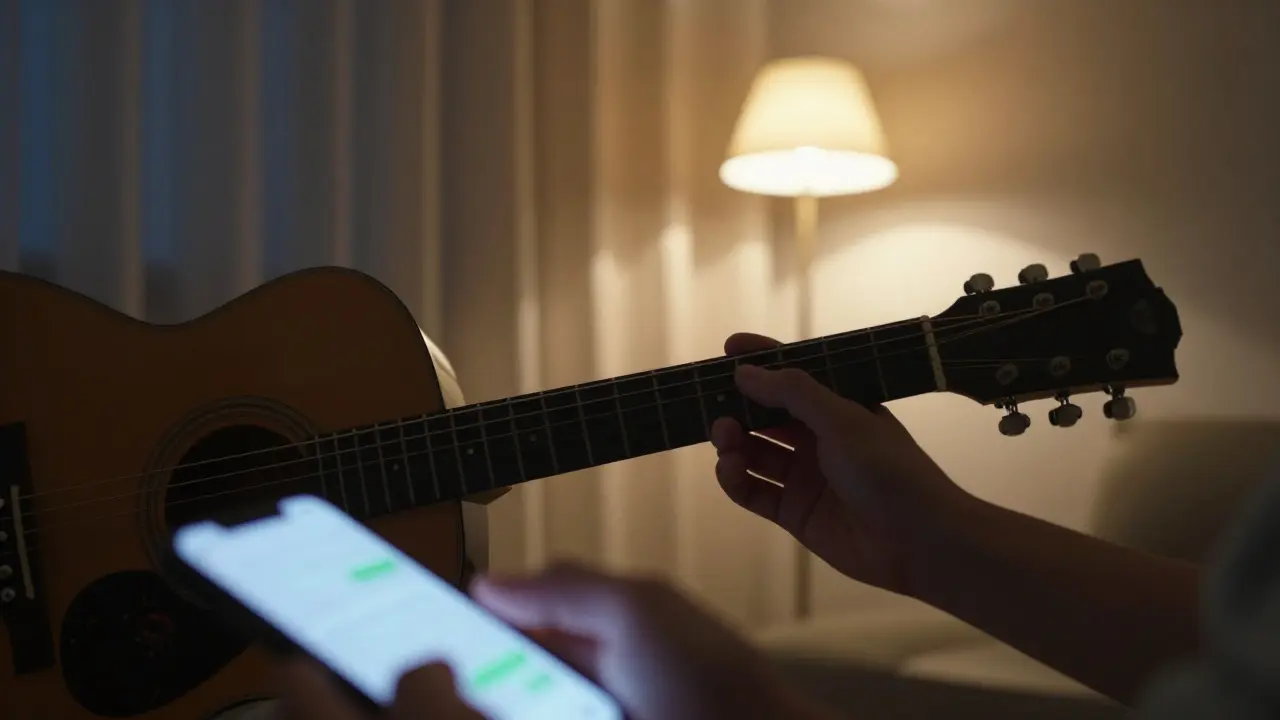 Ruka nad kytarou, telefon s neodevzdanými zprávami, pokoj je čistý, ale bez života.